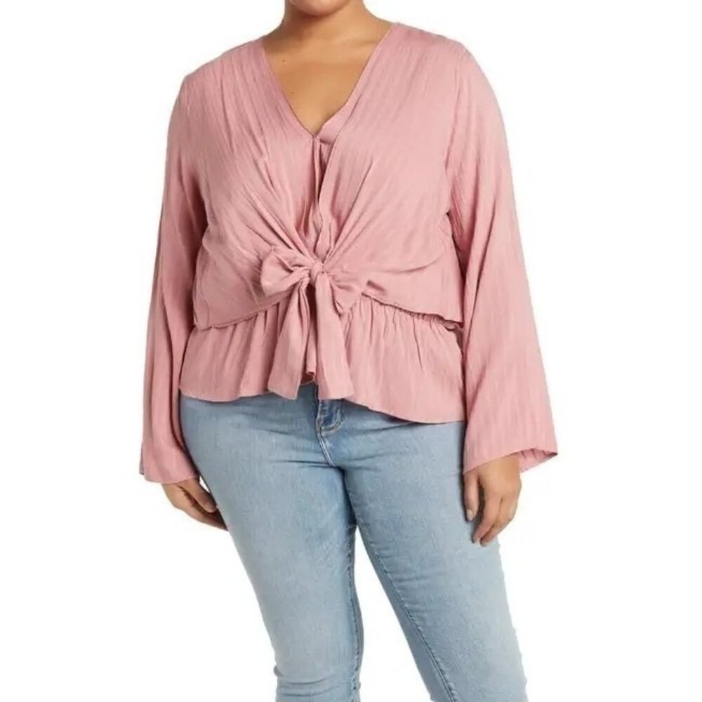 Forgotten Grace Peplum Top Tie-Front Mauve 1X‎ NWT Boho Long Sleeve